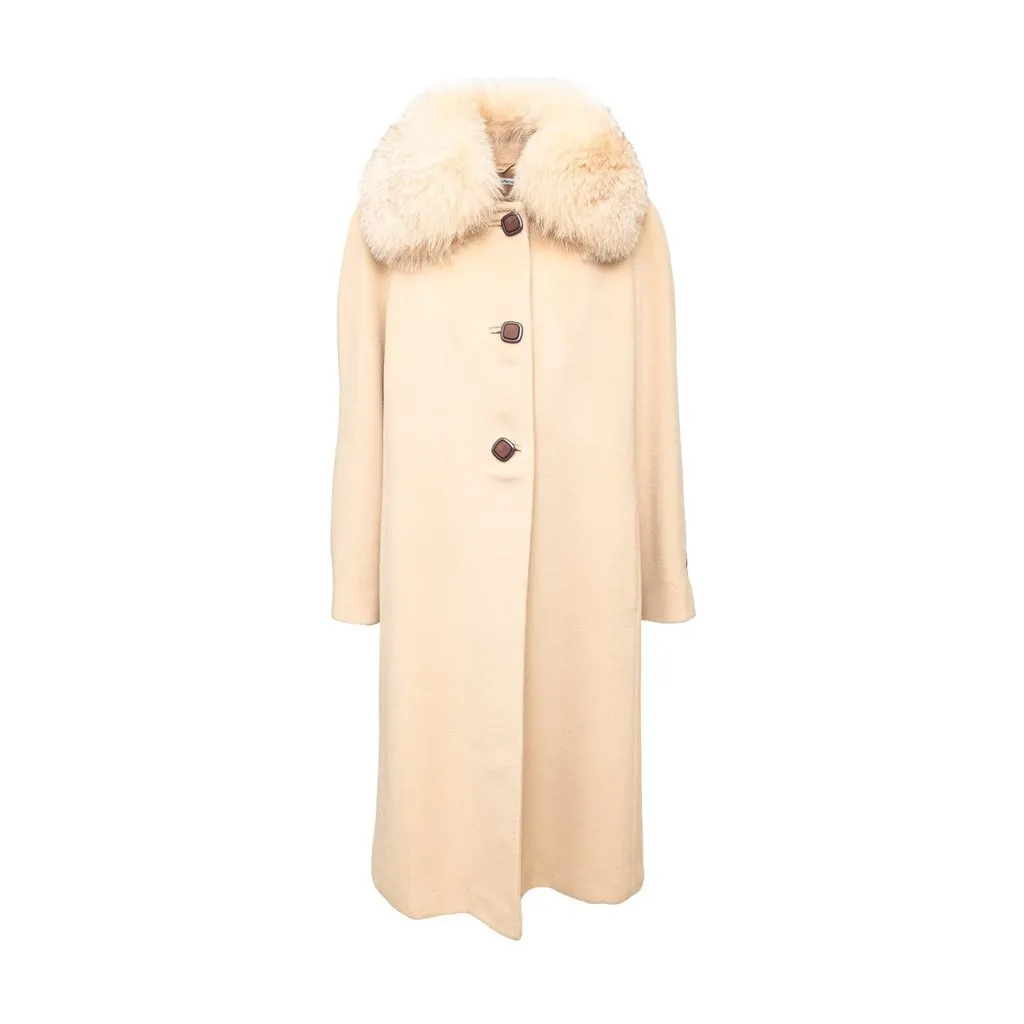 Unsigned Delia Ferrari Wool and Fur Coat - '90s Beige Wool Good - Front View