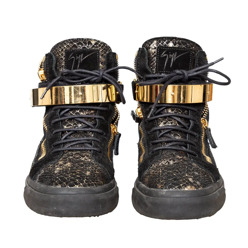 Giuseppe Zanotti Printed Snakeskin Sneakers - '10s Gold Velvet Good - Model View