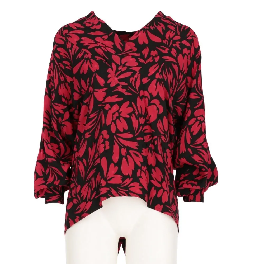 Guy Laroche Red and Black Silk Blouse - '80s Black Silk Good - Front View