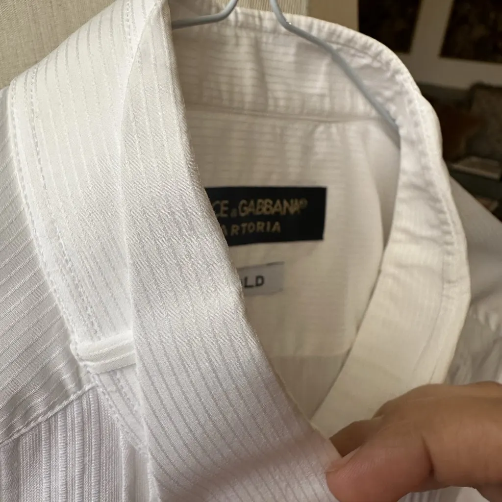 Dolce & Gabbana Dolce & Gabbana Sartoria Gold Tuxedo Shirt – Light Beige Beige Cotton Very good - Model View
