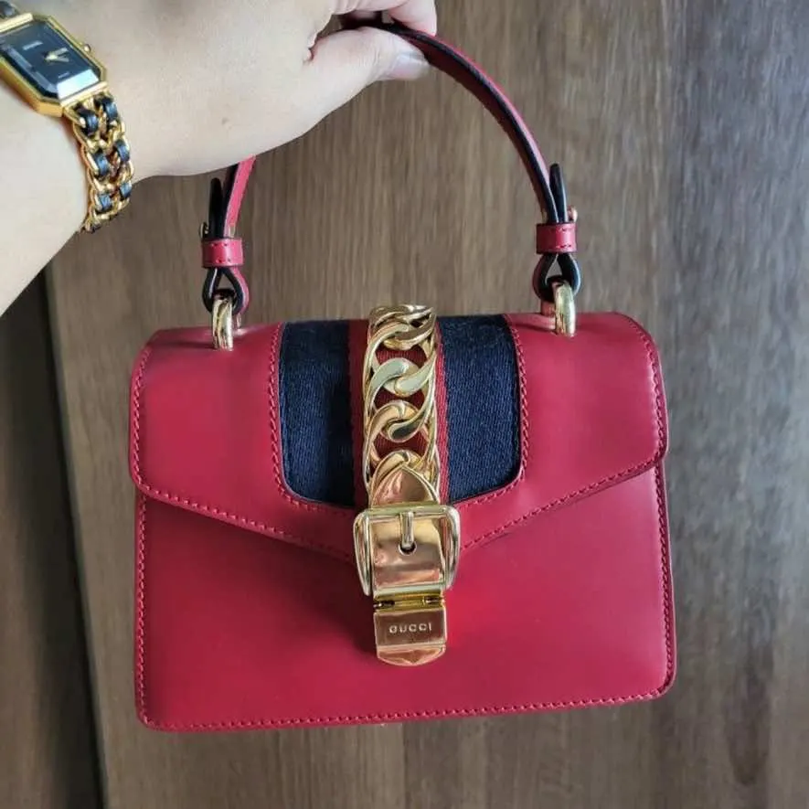 Gucci Mini Sylvie Top Handle Red Leather Gold Good - Back View