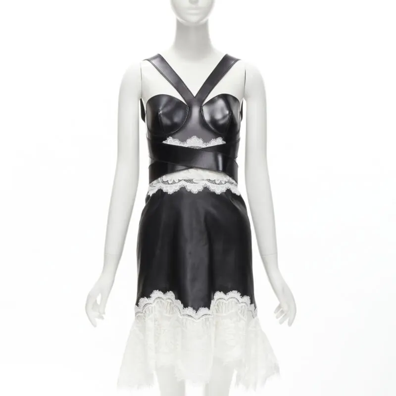 Alexander McQueen Lace Bustier Dress Black Leather Never worn - Front View