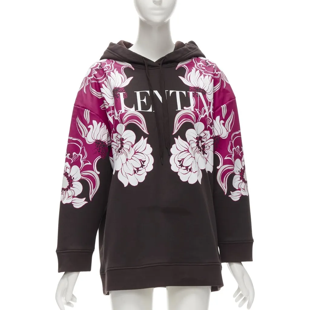 Valentino Floral Print Hoodie Brown Cotton Very good - Front View
