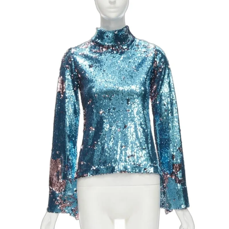 Halpern Sequin Flared Top Blue Polyester Never worn - Front View