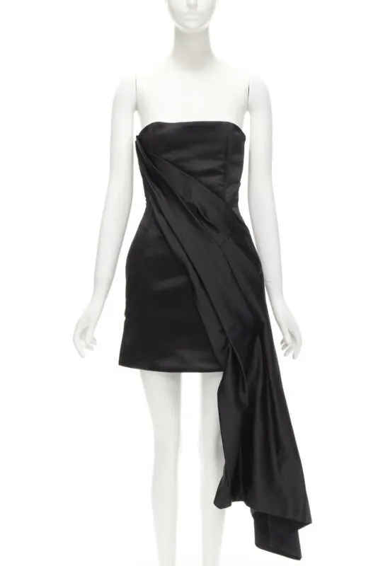 Halpern Black Satin Draped Dress Black Polyester Never worn - Front View