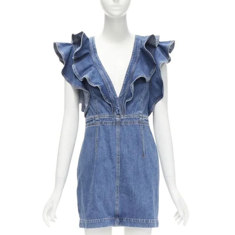 PHILOSOPHY DI LORENZO SERAFINI Denim Ruffled Dress Blue Cotton Never worn - Front View