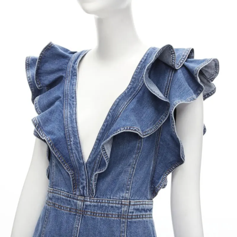 PHILOSOPHY DI LORENZO SERAFINI Denim Ruffled Dress Blue Cotton Never worn - Back View