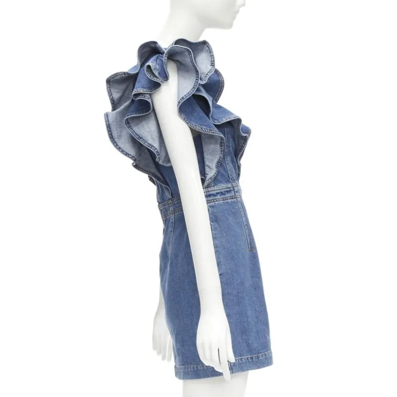 PHILOSOPHY DI LORENZO SERAFINI Denim Ruffled Dress Blue Cotton Never worn - Model View