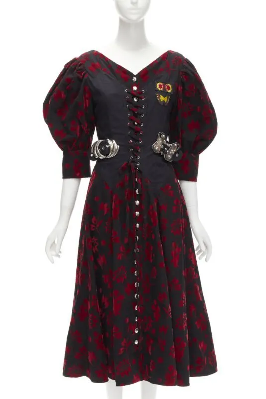 Chopova Lowena Red Velvet Victorian Dress Black Cotton Never worn - Front View
