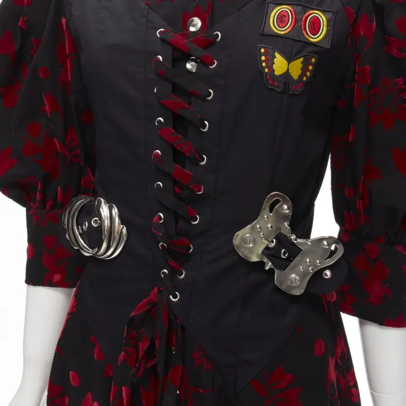Chopova Lowena Red Velvet Victorian Dress Black Cotton Never worn - Back View
