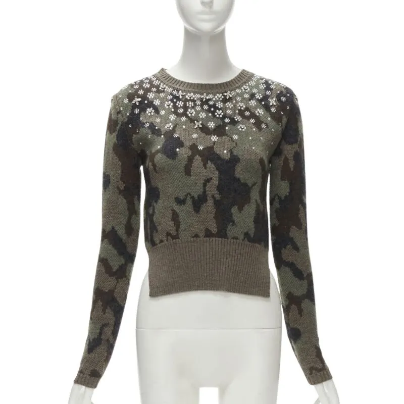 Giambattista Valli Camo Crystal Sweater Green Wool Never worn - Front View