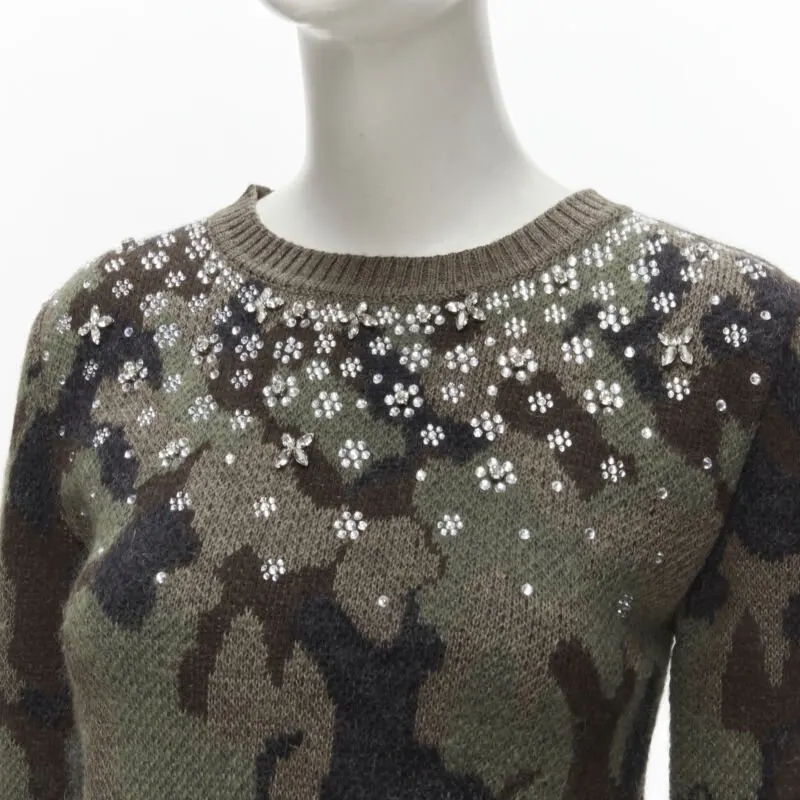 Giambattista Valli Camo Crystal Sweater Green Wool Never worn - Back View