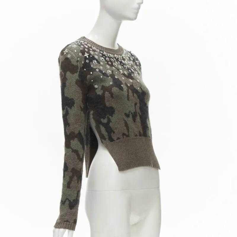 Giambattista Valli Camo Crystal Sweater Green Wool Never worn - Inside View