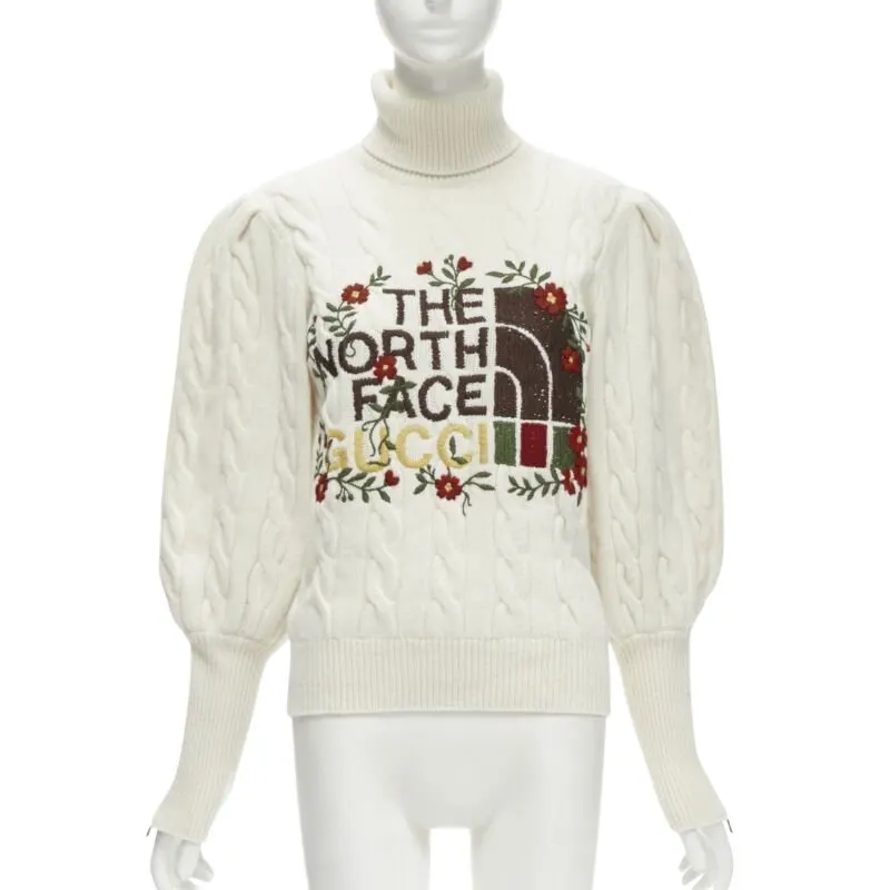 Gucci Floral Cable Turtleneck Beige Wool Never worn - Front View