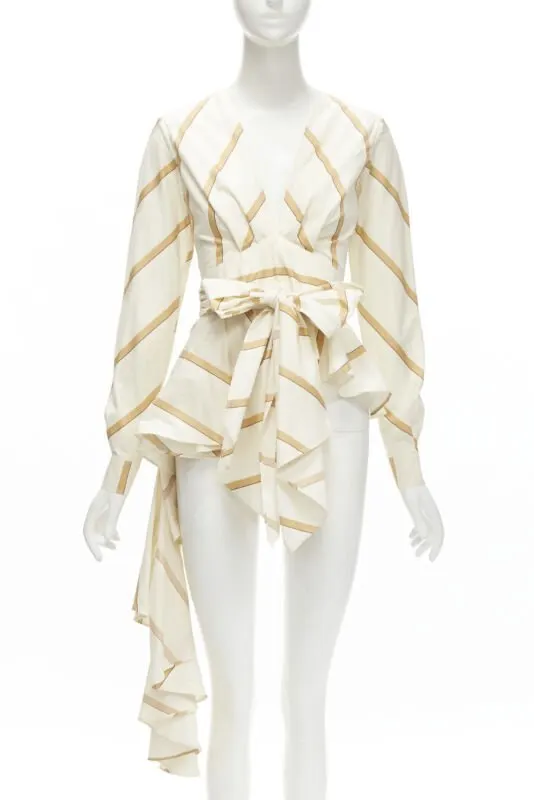 Johanna Ortiz Striped Tie Blouse Beige Cotton Never worn - Front View