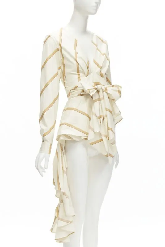Johanna Ortiz Striped Tie Blouse Beige Cotton Never worn - Inside View