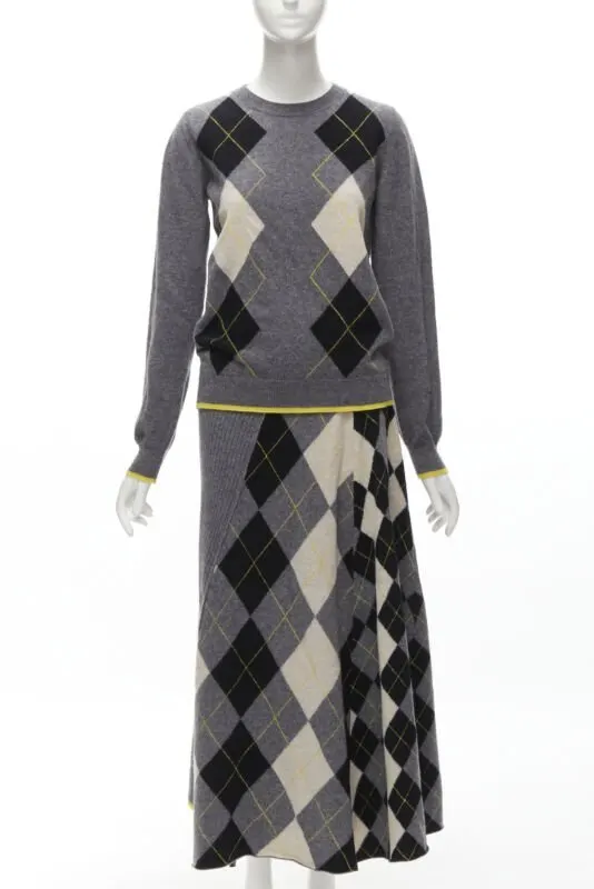 Pringle of Scotland Grey Argyle Skirt Set MultiColor Wool Never worn - Front View