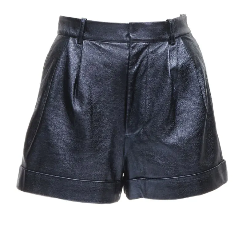 Alice & Olivia Metallic Leather Shorts Navy Polyester Never worn - Front View