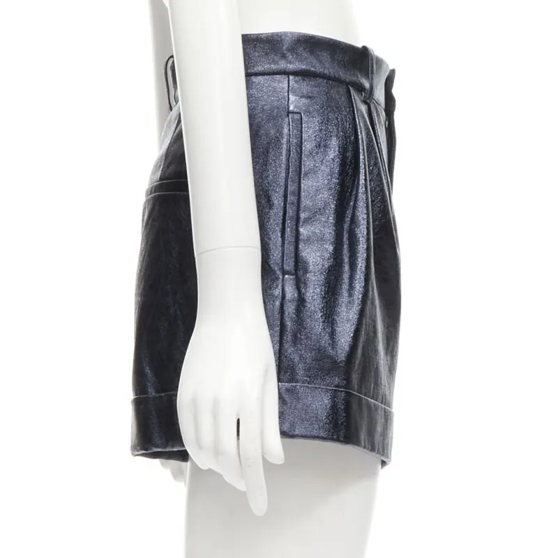Alice & Olivia Metallic Leather Shorts Navy Polyester Never worn - Model View