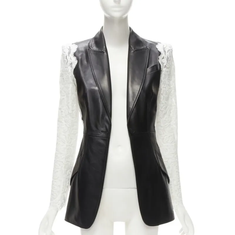 Alexander McQueen Lace Trim Blazer Black Leather Never worn - Front View