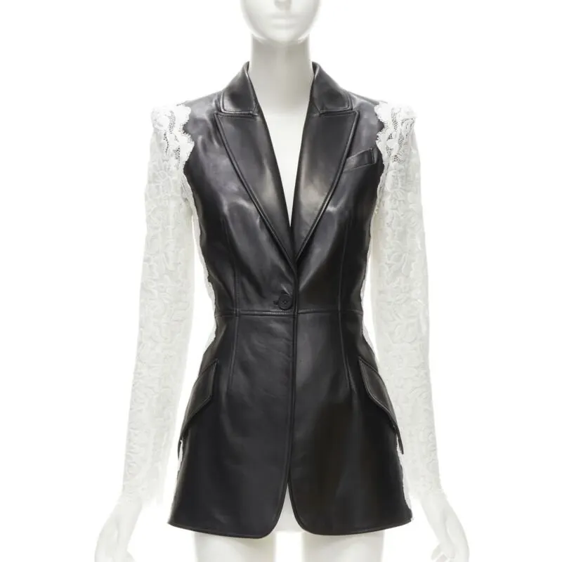 Alexander McQueen Lace Trim Blazer Black Leather Never worn - Inside View