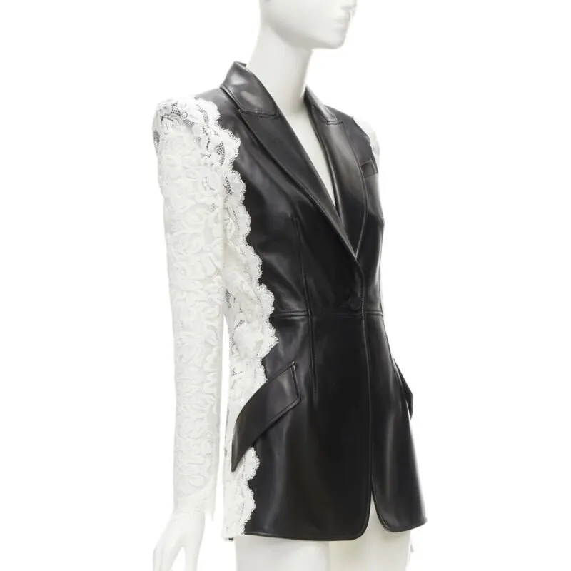 Alexander McQueen Lace Trim Blazer Black Leather Never worn - Model View