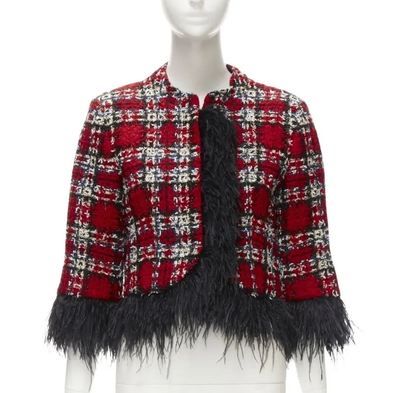 Halpern Feather Trim Jacket Red Tweed Never worn - Front View