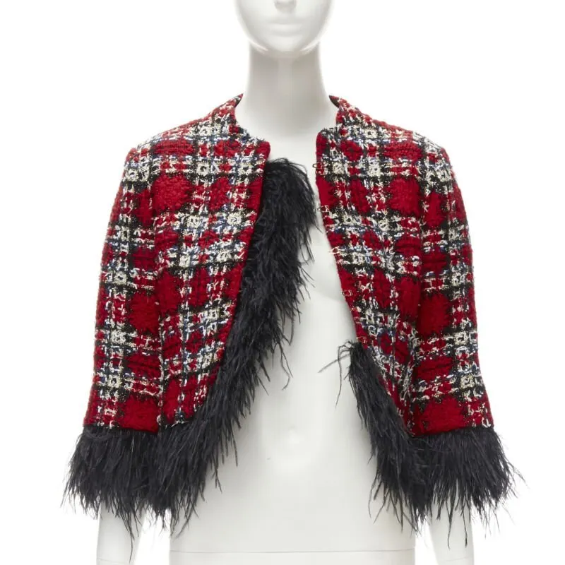 Halpern Feather Trim Jacket Red Tweed Never worn - Inside View