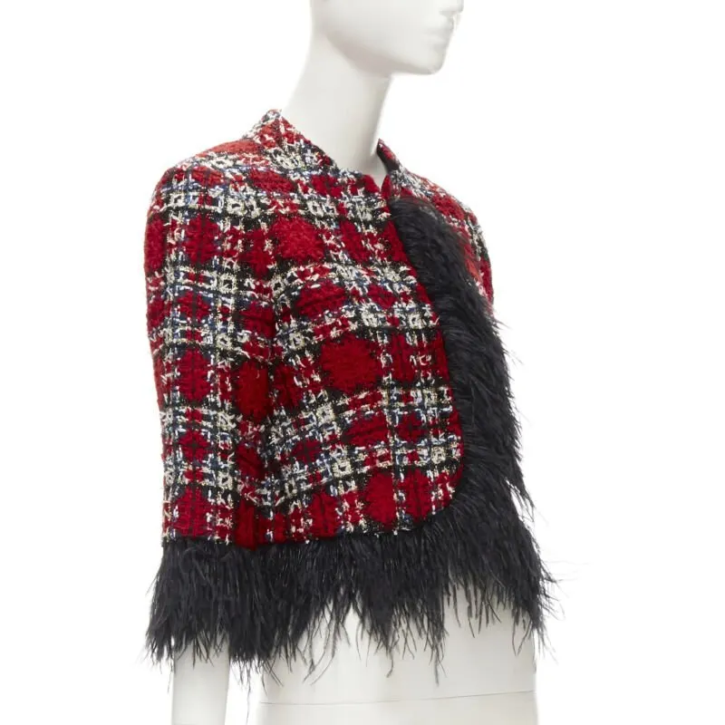 Halpern Feather Trim Jacket Red Tweed Never worn - Model View