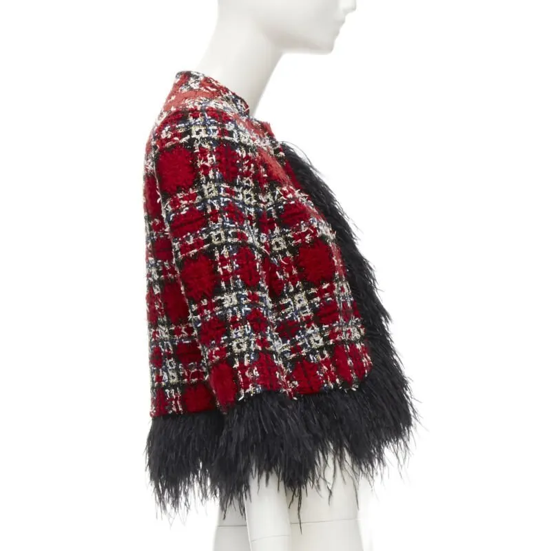 Halpern Feather Trim Jacket Red Tweed Never worn - Box View