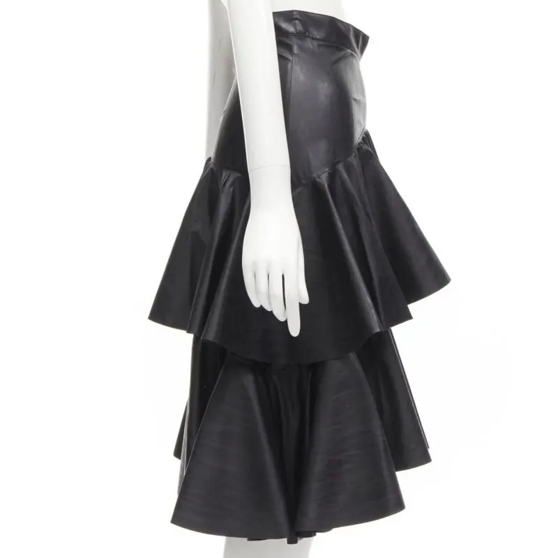 PHILOSOPHY DI LORENZO SERAFINI Tiered Leather Skirt Black Polyester Never worn - Model View