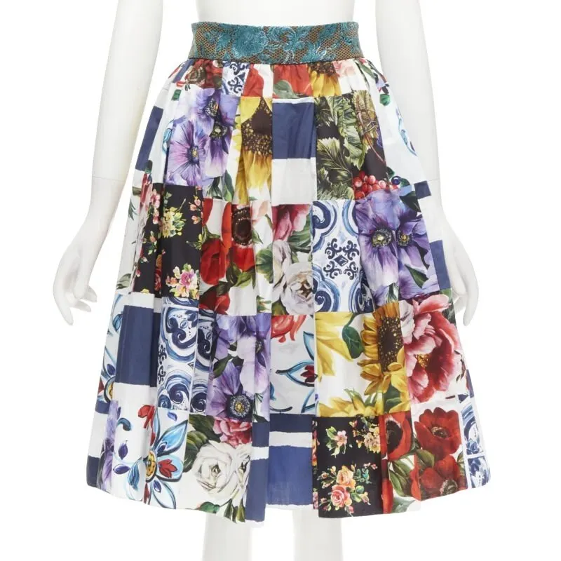 Dolce & Gabbana Patchwork Floral Skirt MultiColor Cotton Never worn - Front View