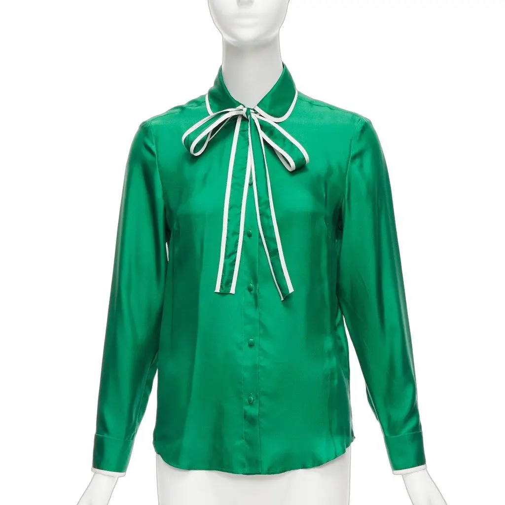 Red Valentino Bow Tie Blouse Green Silk Very good - Front View