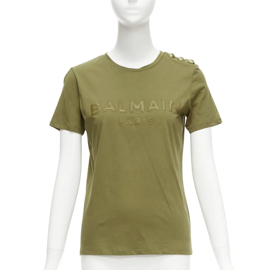 Balmain Distressed Logo Shirt Green Cotton Very good - Front View