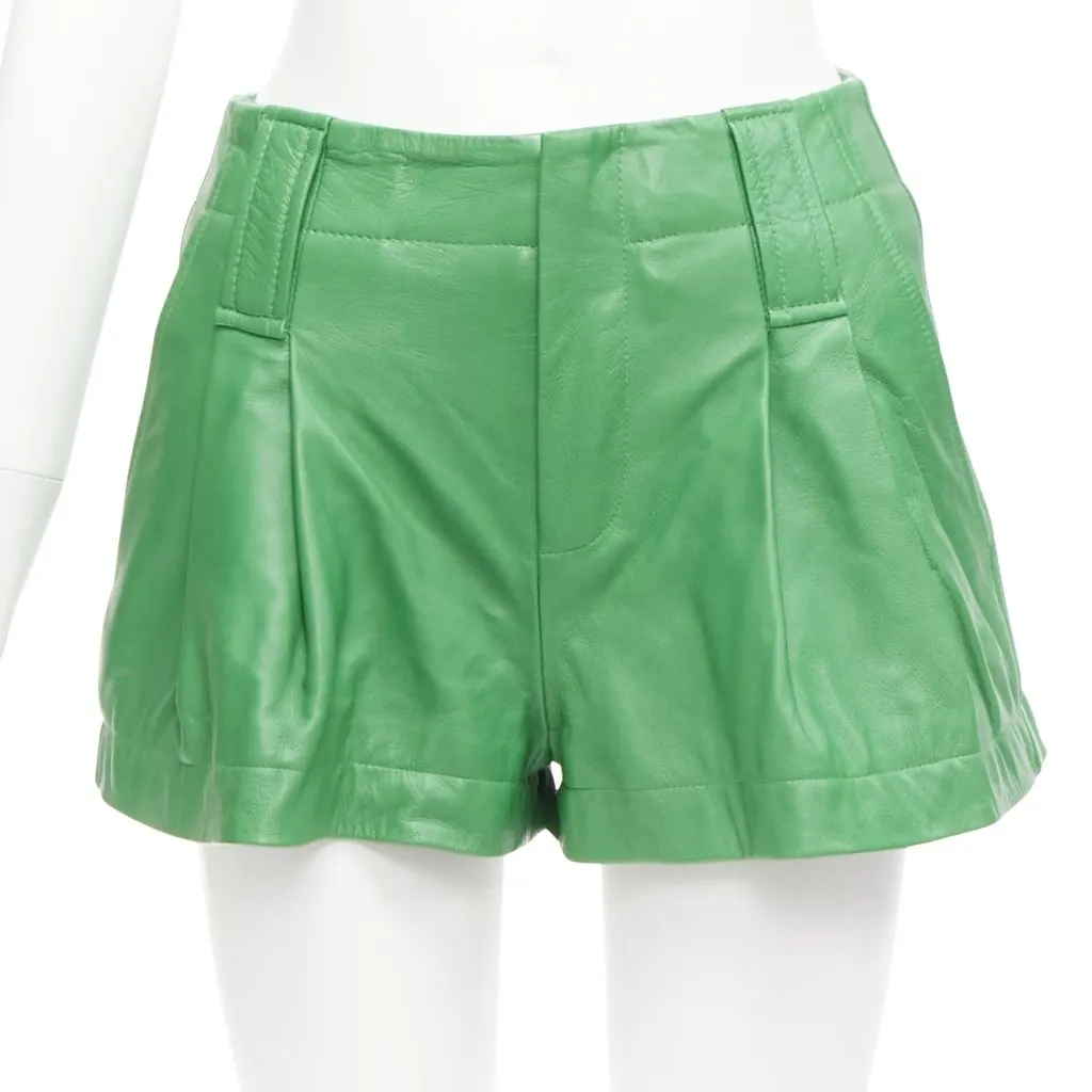 Ganni Flared Leather Shorts Green Leather Very good - Front View