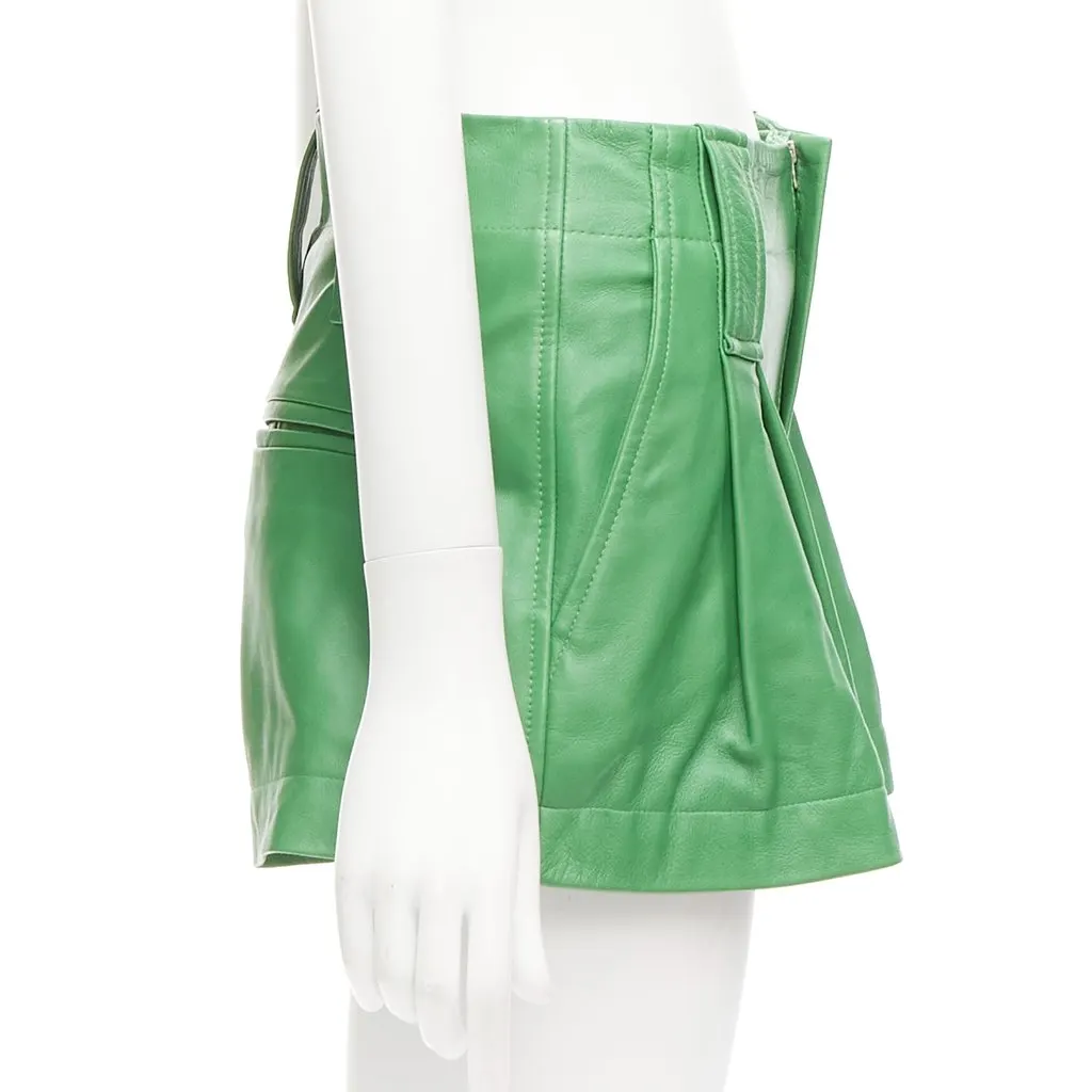 Ganni Flared Leather Shorts Green Leather Very good - Model View