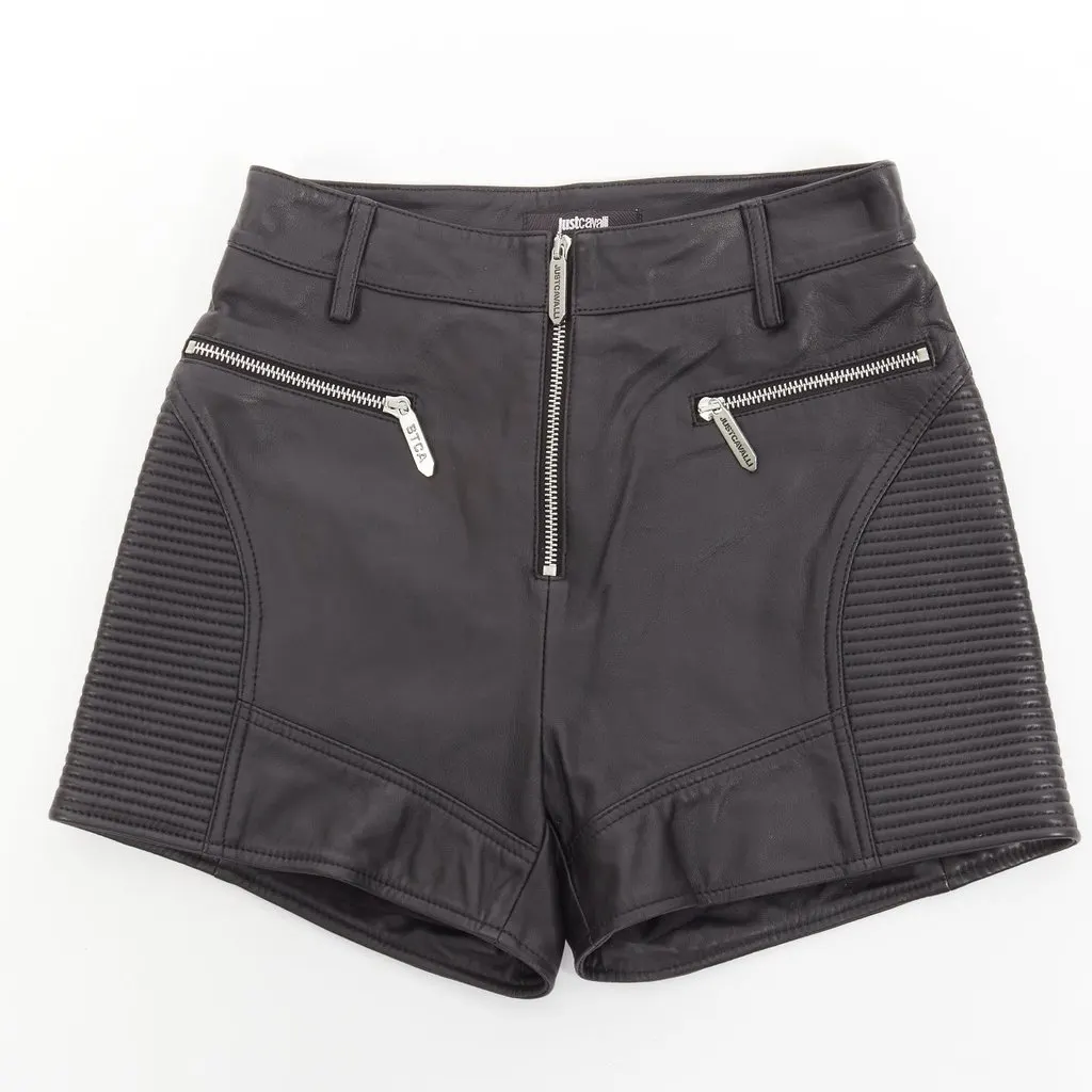 Just Cavalli Motorcycle Ribbed Shorts Black Leather Very good - Front View