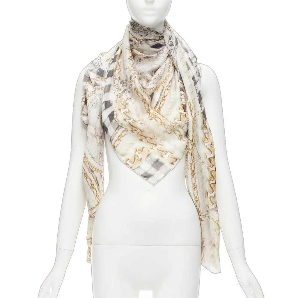 Balmain Chain Print Scarf Ecru Cashmere Never worn - Front View