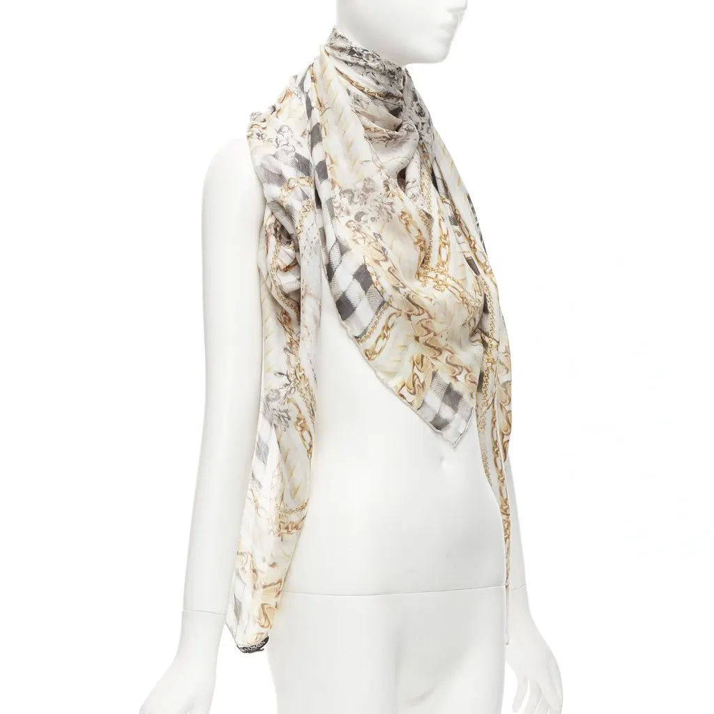 Balmain Chain Print Scarf Ecru Cashmere Never worn - Inside View