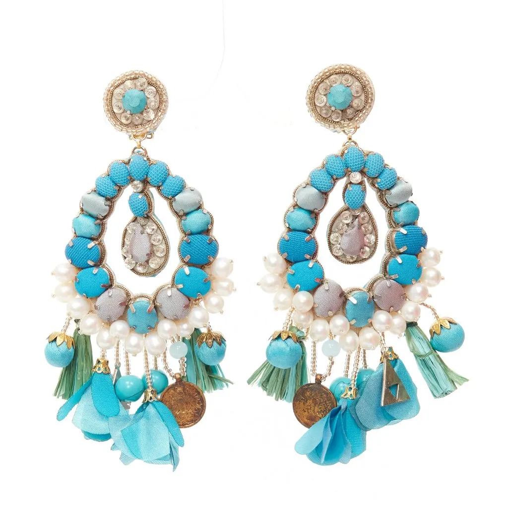 Ranjana Khan Pearl Stone Earrings Green Metal Fair - Front View