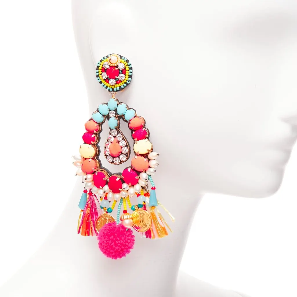Ranjana Khan Neon Beaded Earrings Pink Very good - Back View