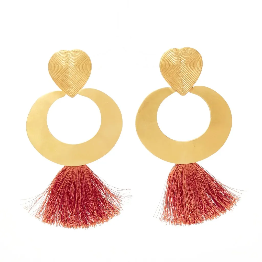 Unsigned Heart Tassel Earrings Gold Metal Fair - Back View