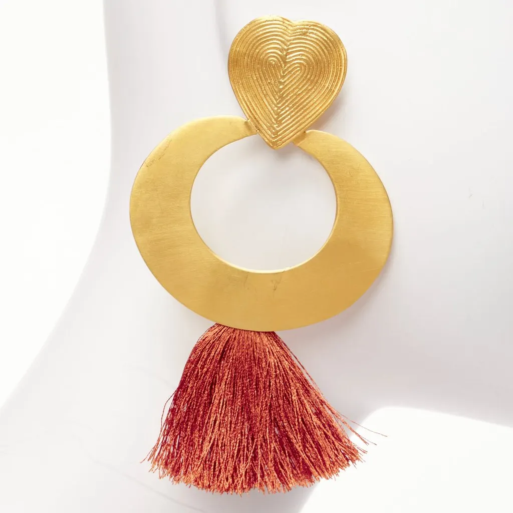 Unsigned Heart Tassel Earrings Gold Metal Fair - Model View