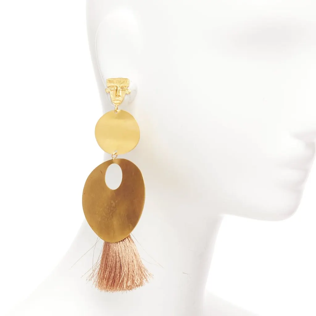 Unsigned Tribal Beige Earrings Gold Metal Fair - Back View
