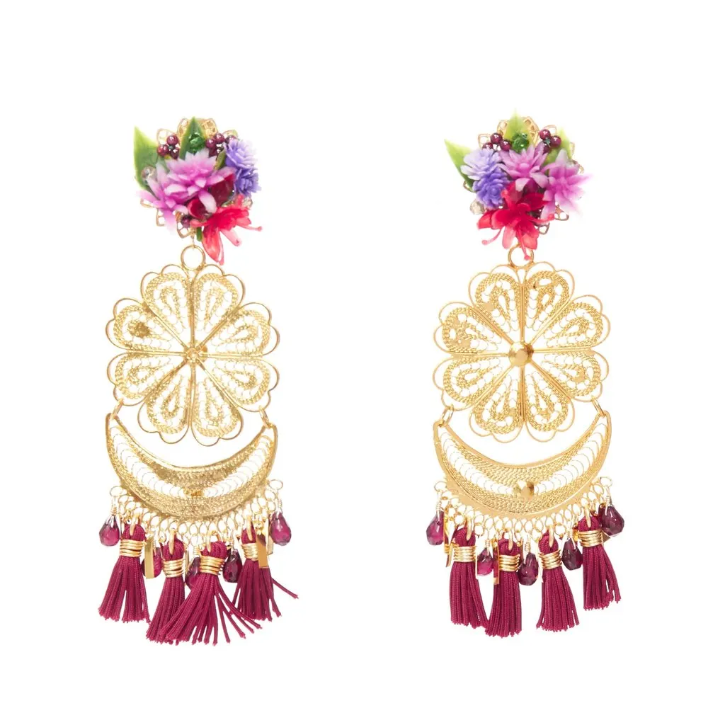 Mercedes Salazar Flower Tassel Earrings MultiColor Metal Very good - Front View