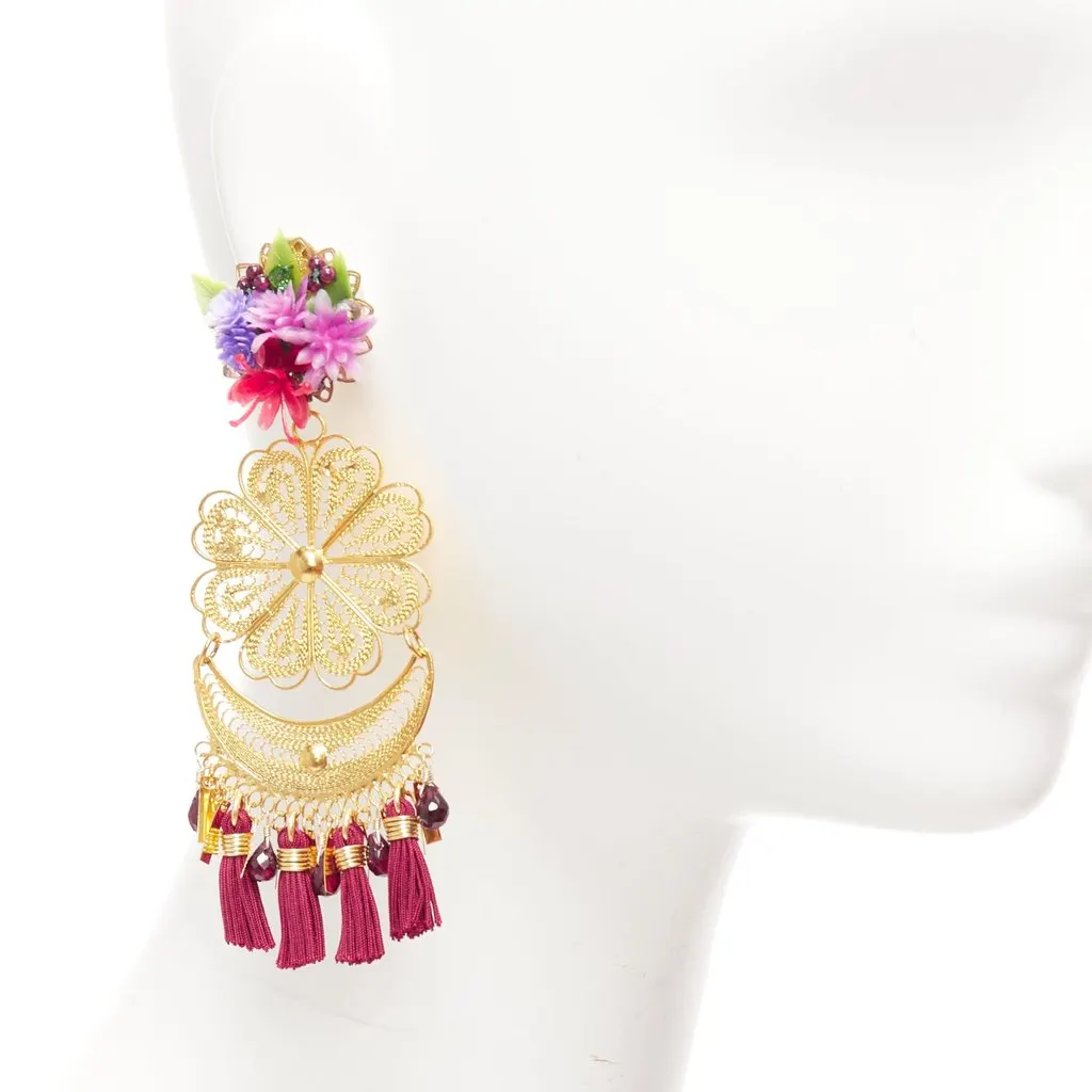 Mercedes Salazar Flower Tassel Earrings MultiColor Metal Very good - Back View