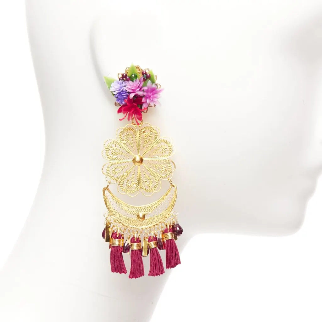 Mercedes Salazar Flower Tassel Earrings MultiColor Metal Very good - Model View