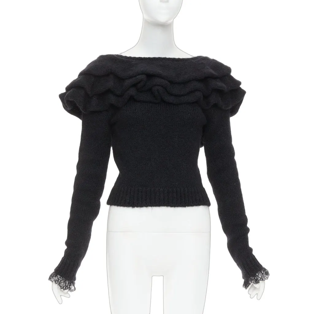 PHILOSOPHY DI LORENZO SERAFINI Ruffle Neck Jumper Black Wool Very good - Front View