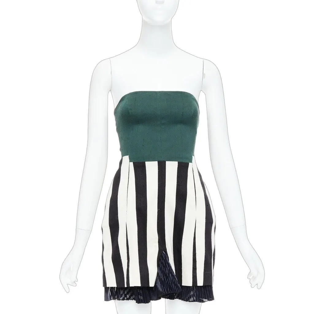 Toga Archives Striped Strapless Dress Green Silk Fair - Front View