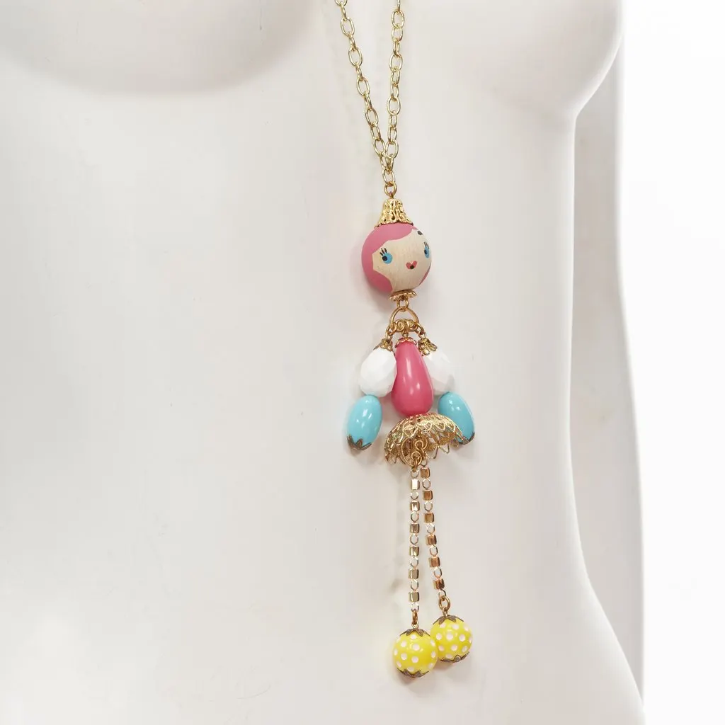 Unsigned Puppet Charm Necklace MultiColor Wood Very good - Back View